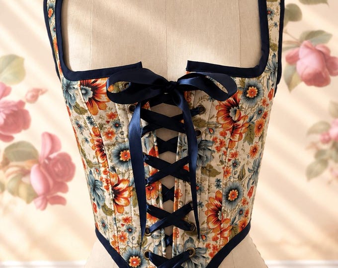 Handmade Floral Blue Steel-Boned Corset Bodice #002 | Lace-Up Waist Cincher