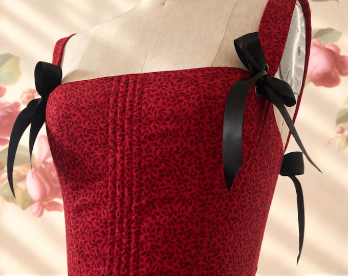 Handmade Red Botanical Print Corset Bodice | Lace-Up Renaissance Top - Plastic/Steel Boning