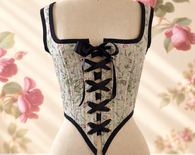 Handmade Floral Blue Steel-Boned Corset Bodice #003 | Lace-Up Waist Cincher