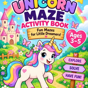 Könnte beinhalten: Ein Aktivitätsbuch mit dem Titel Unicorn Maze Activity Book, dem Untertitel Fun Mazes for Little Dreamers! und Ages 3-5. Das Cover zeigt ein weißes Einhorn mit regenbogenfarbener Mähne, ein Schloss, Schmetterlinge und ein Wegweiser-Schild.