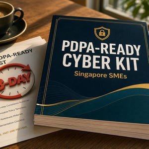 Pode incluir: Um livro azul-escuro intitulado PDPA-READY CYBER KIT para PMEs de Singapura com um ícone de escudo e cadeado dourado. Ao lado, um documento branco exibe o texto GET PDPA-READY IN JUST 3-DAY com um gráfico de relógio vermelho e uma lista.