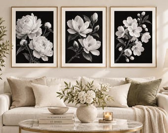 Flower Photography Prints, Set Of 3 Black and White flowers