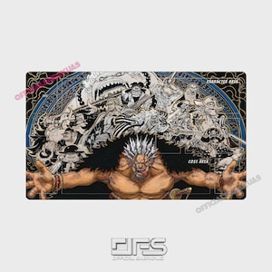 May include: A rectangular playmat featuring a detailed illustration of various anime characters in a dark, ornate frame. The foreground shows a muscular figure with spiky hair and arms outstretched. Text labels include Character Area, Leader, and Cost Area.
