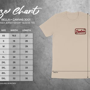 BELLA + CANVAS 3001 unisex jersey short sleeve tee size chart with measurements in inches.