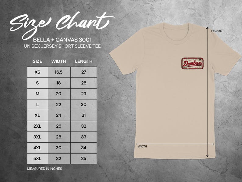 BELLA + CANVAS 3001 unisex jersey short sleeve tee size chart with measurements in inches.