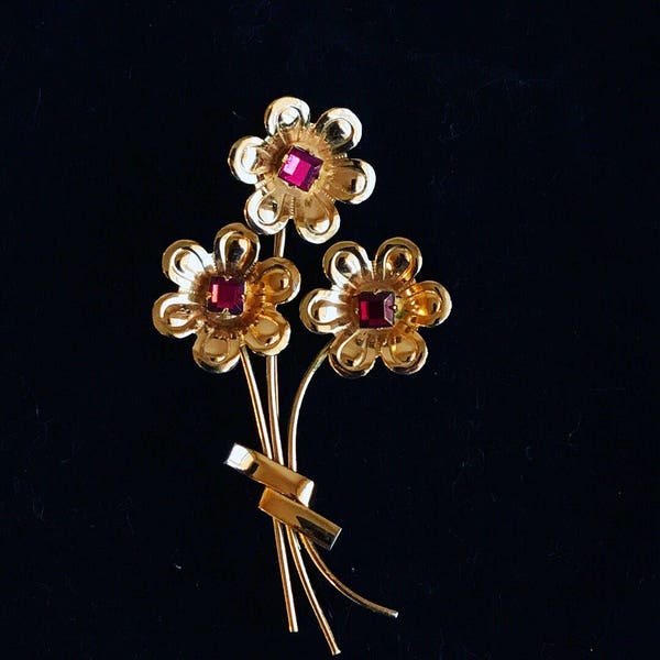 broche vintage Fleur Broche Broche Rubis Pin Signé CORO Rose Pierre Fleur Bijoux