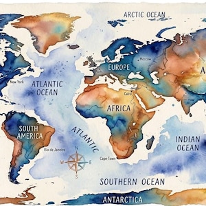 May include: A world map print featuring watercolor textures in shades of blue, orange, and brown. The continents and oceans are labeled in black text, including North America, South America, Europe, Africa, Asia, Australia, and Antarctica.