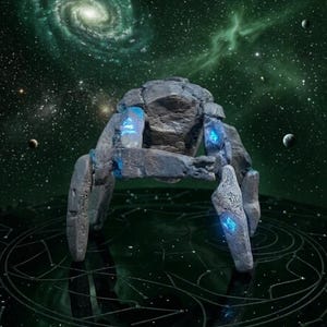 May include: A grey stone-like creature with four legs and a central body, featuring textured surfaces and glowing blue accents embedded within the joints and limbs. The figure stands on a dark, circular base marked with thin, etched geometric lines.