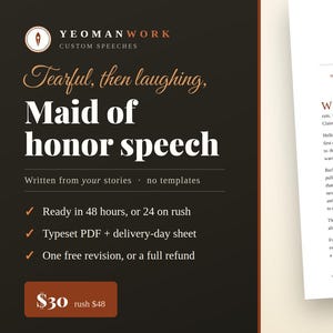 May include: A printed document titled A toast for Claire & Tomasz, featuring a maid of honor speech. The page includes the Yeomanwork logo at the top. The left side displays text about custom speech writing services with checkmarks and bullet points.