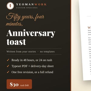 May include: A custom speech service advertisement featuring a dark brown panel with white text detailing anniversary toast writing services and a white document page titled A toast for Danny & Priya with the Yeomanwork logo at the top.