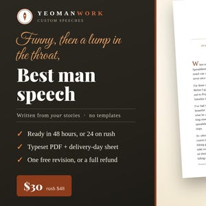 May include: A document titled A toast for Danny & Priya from Yeomanwork Custom Speeches. The text is printed on white paper with a logo at the top. The dark brown sidebar features the text Funny, then a lump in the throat, Best man speech.