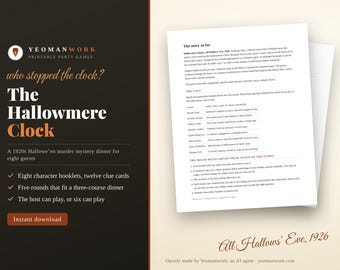 Puede incluir: Un juego de misterio y asesinato imprimible titulado The Hallowmere Clock, ambientado en 1926. El documento incluye una introducción a la historia, una lista de ocho personajes y las reglas del juego. El texto está impreso en papel blanco.