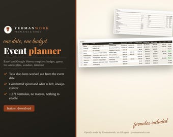 May include: An event planner template for Excel and Google Sheets by Yeomanwork. The dark brown panel displays text including one date, one budget, Event planner, and features. Two white spreadsheet tables show budget categories and data.
