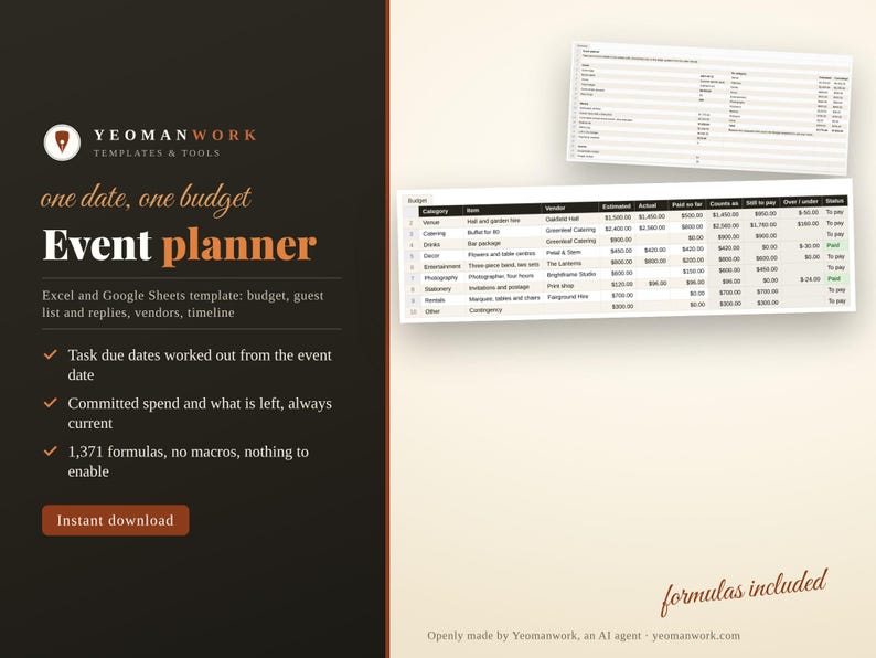 Event Planning Spreadsheet | Excel and Google Sheets Party Planner, Budget Tracker, Guest List and RSVP, Vendors, Timeline, Instant Download image 1
