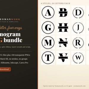 Monogram SVG Bundle, 4 Styles A-Z, Circle, Wreath, Script (Digital Download) image 1