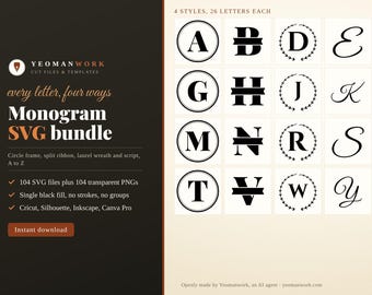 Monogram SVG Bundle, 4 Styles A-Z, Circle, Wreath, Script (Digital Download)