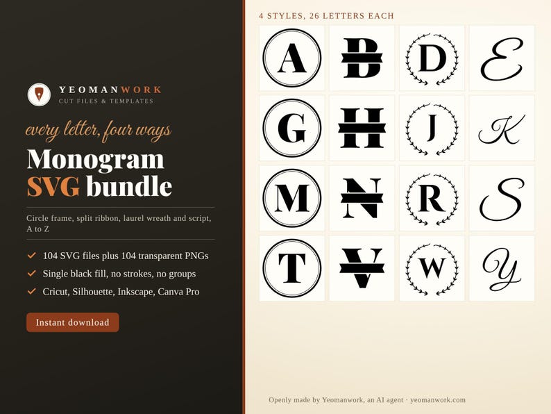 Monogram SVG Bundle, 4 Styles A-Z, Circle, Wreath, Script (Digital Download) image 1