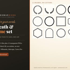Paquete de archivos SVG de coronas y marcos, 12 marcos / Corona de laurel, círculo, corazón, arco, hexágono, marco de nombre festoneado, archivos de corte para Cricut, PNG