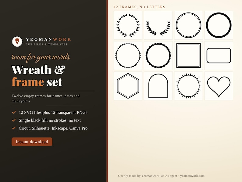 Wreath and Frame SVG Bundle, 12 Frames | Laurel Wreath, Circle, Heart, Arch, Hexagon, Scalloped Name Frame, Cricut Cut Files, PNG image 1
