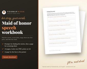 Puede incluir: Un cuaderno de trabajo para discursos de dama de honor con una barra lateral marrón oscuro, texto en blanco y naranja, y el logotipo de Yeomanwork. Incluye una página blanca con indicaciones tituladas Finding the stories y líneas.