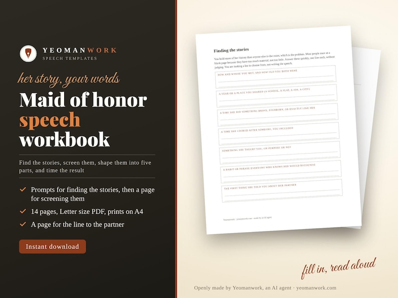 Maid of Honor Speech Template Workbook | Printable PDF with Story Prompts, Screening Page, Timing Table and Read-Aloud Checklist image 1