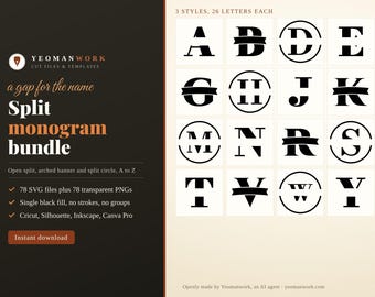 Puede incluir: Un paquete digital de monogramas divididos con 78 archivos SVG y 78 PNG. El gráfico muestra letras serif negras de la A a la Y en tres estilos: división abierta, pancarta arqueada y círculo dividido. El texto incluye Yeomanwork, Split monogram bundle y 3 styles, 26 letters each.