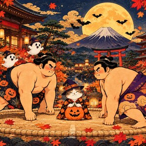Japanese Sumo Halloween Wall Art, Cute Cat Digital Print