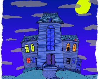 Haunted House Giclée 14x14 Print Limited Edition Drawing Spooky House Art Illustration