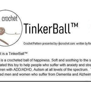 Pode incluir: A imagem apresenta o logotipo "rjk crochet" e o texto "TinkerBall™". Um ícone PDF está presente, juntamente com um close-up de bolas de crochê coloridas. O texto descreve o TinkerBall como uma bola de crochê de felicidade.