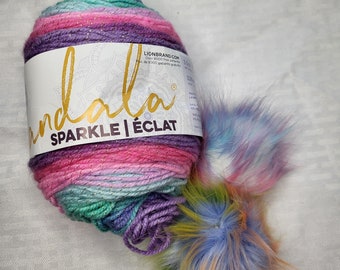 Mandala Sparkle-Lion Brand- Color DARCO- 3.5 oz- (100g)- #3 light Weight- w Pom Poms- Free Shipping in USA