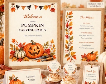 May include: A Pumpkin Carving Party Kit featuring 52 pages of editable Canva templates. Includes signs, menus, labels, and favor tags decorated with autumn leaves and pumpkins. Text includes Welcome to our Pumpkin Carving Party, The Menu, and Thank You.