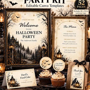 May include: A Gothic Halloween party kit featuring editable Canva templates including a welcome sign, menu, cupcake toppers, and favor tags. The designs feature dark forest, castle, and bat illustrations with text like Welcome to our Halloween Party and The Menu.