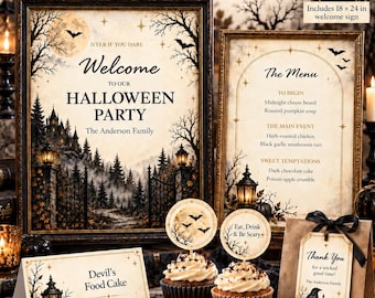 Gothic Halloween Party Kit: Haunted House Decor, Editable Canva Signs, Menus, Costume Contest & Favors
