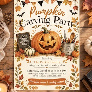 May include: A Pumpkin Carving Party invitation flyer featuring a carved jack-o'-lantern, a bucket with carving tools, and autumn leaves. Text includes: Pumpkin Carving Party, Good Pumpkins Brighter Times, Carve Create Celebrate, The Parker Family, Saturday, October 25th at 6 PM, 1234 Maple Ridge Road, Spookyville, TX, RSVP to Kelly at 555.555.1234, and Hot cider, treats & carving contest.