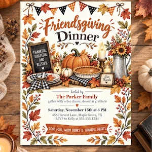 May include: A Friendsgiving Dinner invitation card featuring autumn leaves, pumpkins, a pie, and candles. Text includes: Friendsgiving Dinner, Thankful, Grateful and Blessed, The Parker Family, Saturday, November 15th at 6 PM, 456 Harvest Lane, Maple Grove, TX, RSVP to Kelly at 555.555.1234, Give Thanks, and Good Food, Warm Drinks & Thankful Hearts.