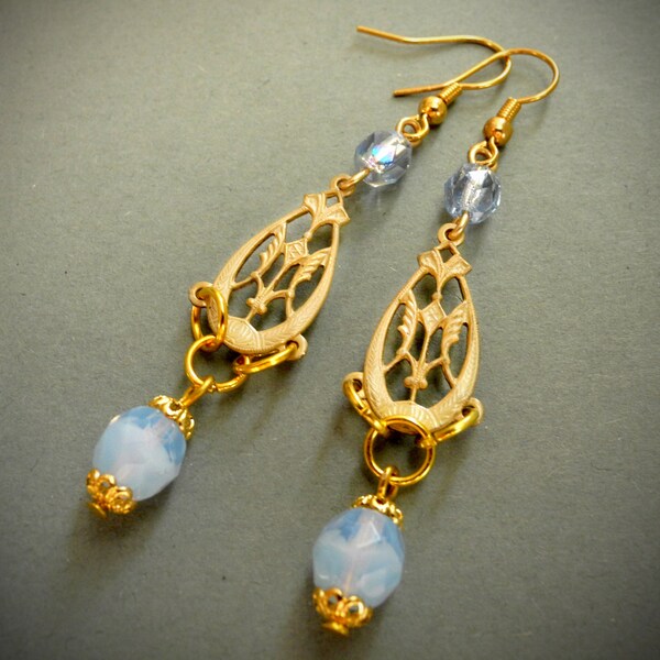 Great Gatsby Earrings, Art Deco, Art Nouveau, Blue, Gold Earrings