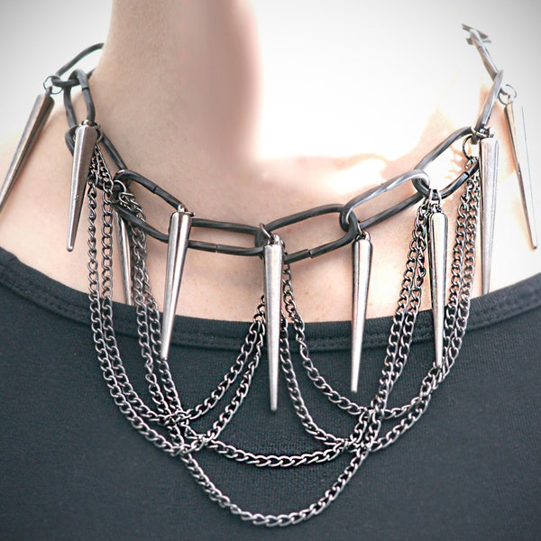 SALE Goth Spike Necklace, Statement Necklace, Gunmetal Chain, Gothic Jewelry