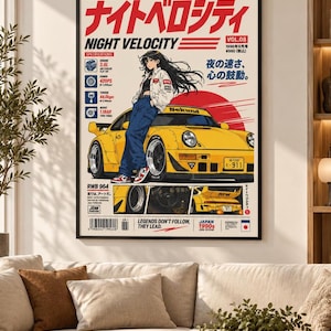 Puede incluir: Un póster vertical que muestra un coche deportivo amarillo y una persona con el pelo largo y oscuro apoyada en él. El diseño incluye texto en japonés, las palabras NIGHT VELOCITY, especificaciones técnicas y un círculo rojo.
