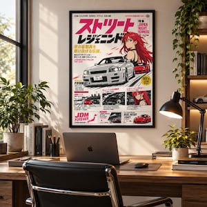 May include: A framed wall poster featuring a white sports car, a red sports car, and an anime-style character with long red hair. The text includes 'STREET LEGENDS', 'JDM CULTURE', 'JAPAN NIGHT RUNNERS', 'PERFORMANCE', 'JDM FOREVER', and 'REBEL ROTARY LEGACY'.