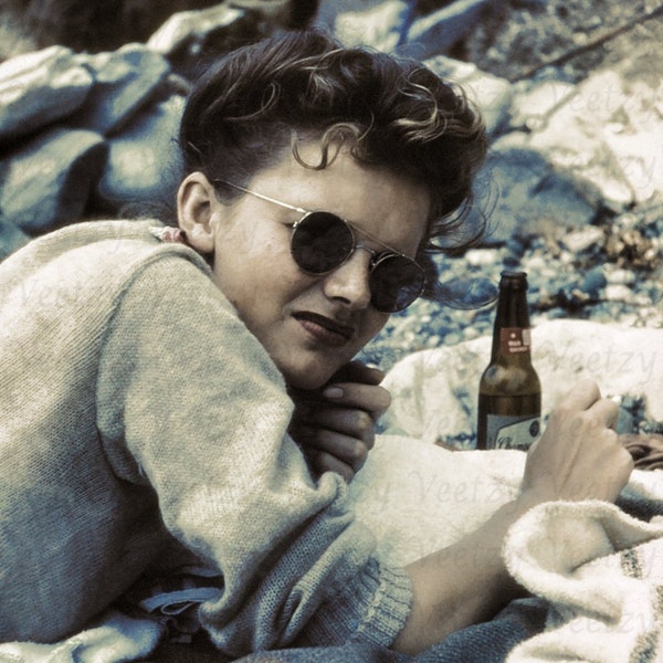 Digital Download Vintage Photo - 1950s Woman with Sunglasses Drinking Beer and Smoking a Cigarette Lying Outside on a Blanket Snapshot