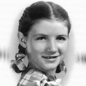 Digital Download Vintage Photo - 1950s Girl With Pigtail Braids Tied with Ribbons Smiling for School Picture - Use for Collage