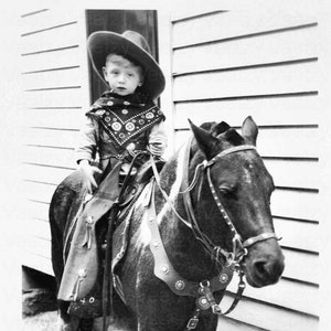 Digital Download Vintage Photo - 1950s Little Boy Saddle Up on a Pony Horse with Wild West Attire of Cowboy Hat, Bandana and Chaps Snapshot