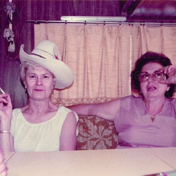 Digital Download Vintage Photo - 1960s 1970s Cowgirl, Funny Smiling Woman Wearing a Cowboy Hat and Smoking a Cigarette with her Best Friend