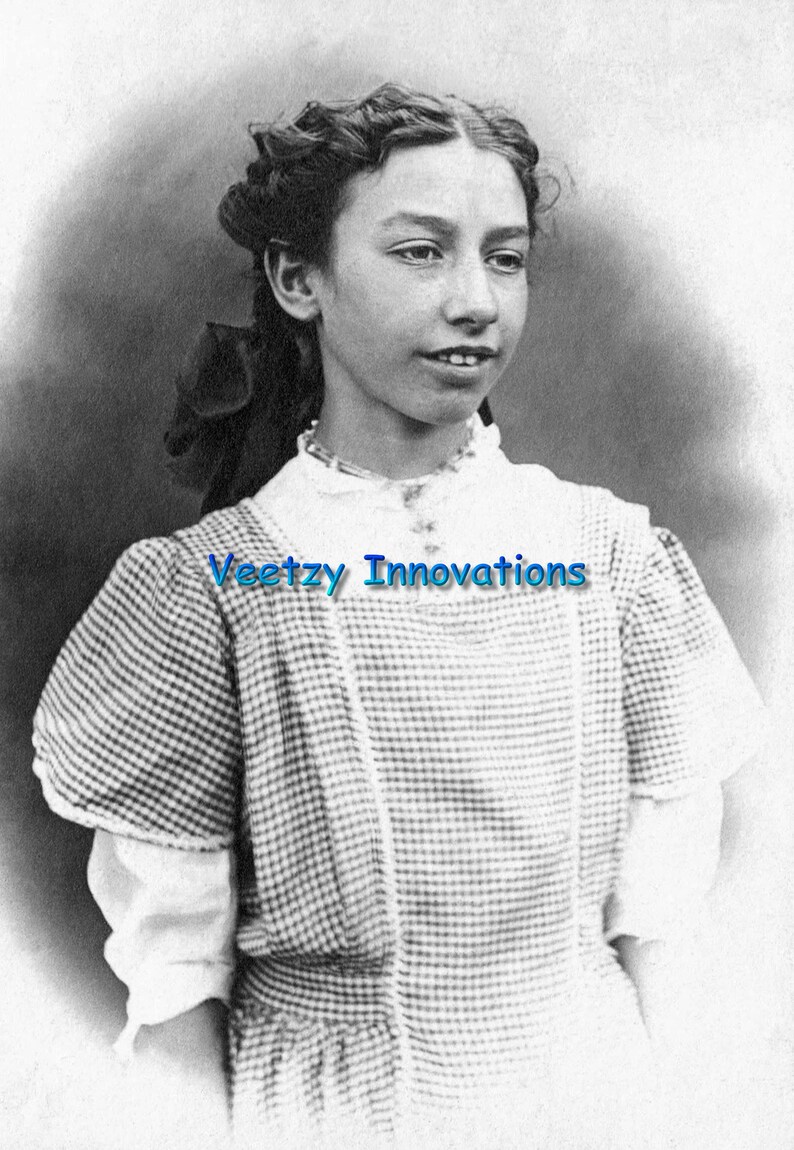 Digital Download Vintage Photo Victorian Girl Who is a Young Lady Smiling with Beautiful Curly Hair Pulled Back Into A Large Bow Portrait image 1