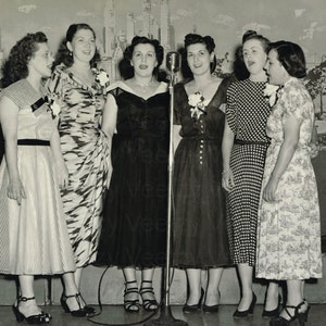 Digital Download Vintage Photos - 1950s Women Musicians in Quintet Choir Standing on Stage and Singing Songs for a Concert into a Microphone