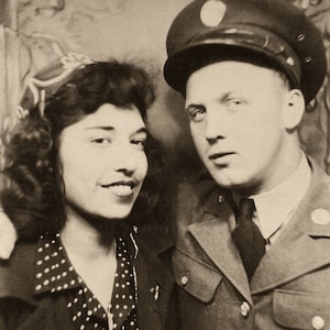 Digital Download Vintage Photo 1950s Couple in Love, Pretty Woman With Her Military Man Home on Leave Photobooth Picture Use for Collage image 1