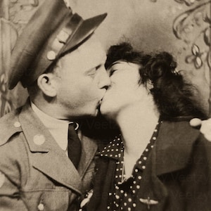 Digital Download Vintage Photo - 1950s Handsome Military Soldier Kissing a Beautiful Lady in a Photobooth Snapshot