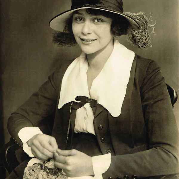 Digital Download Vintage Photo - 1920s Flapper Woman Wearing a Cloche Feather Hat Sitting for an Old Hollywood Fashion Style Studio Portrait