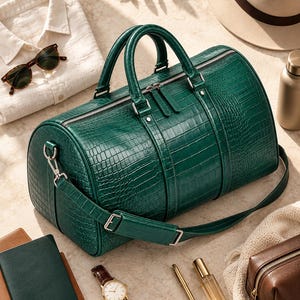Può includere: Un borsone da viaggio verde scuro con texture goffrata a coccodrillo, dotato di due manici superiori, una tracolla rimovibile e una chiusura a zip color argento. La borsa presenta una forma cilindrica strutturata e cuciture rinforzate.