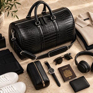 Könnte beinhalten: Eine schwarze Reisetasche aus Leder mit Krokodilprägung und silberfarbenen Beschlägen, begleitet von einer Kulturtasche, einer Armbanduhr, einer Sonnenbrille, einem Reisepass, einer Geldbörse, Kopfhörern, weißen Sneakern und gefalteter Kleidung.